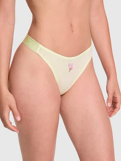 Pink Logo Cotton Shine High-leg Thong Panty In Green