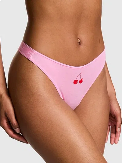 Pink Logo Cotton Shine High-leg Thong Panty In