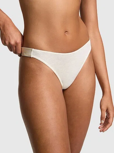 Pink Logo Cotton Shine High-leg Thong Panty In White
