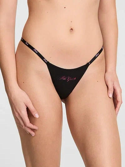 Pink Logo Cotton String Micro Thong Panty In Black