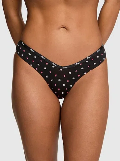 Pink Logo Cotton Tanga Panty In Black
