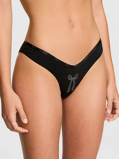 Pink Logo Cotton Tanga Panty In Black