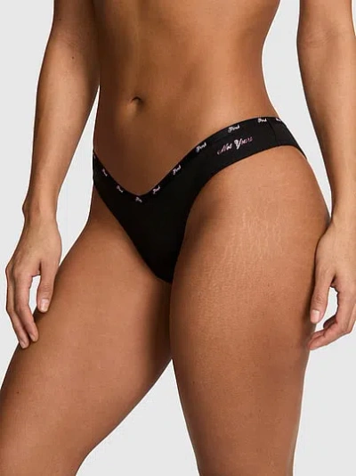 Pink Logo Cotton Tanga Panty In Black