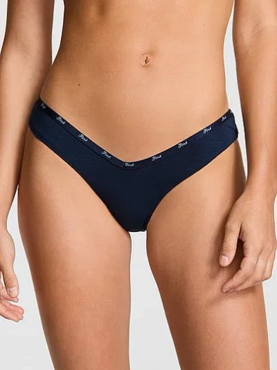 Pink Logo Cotton Tanga Panty In Blue