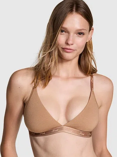 Pink Logo Cotton Triangle Bralette In Brown