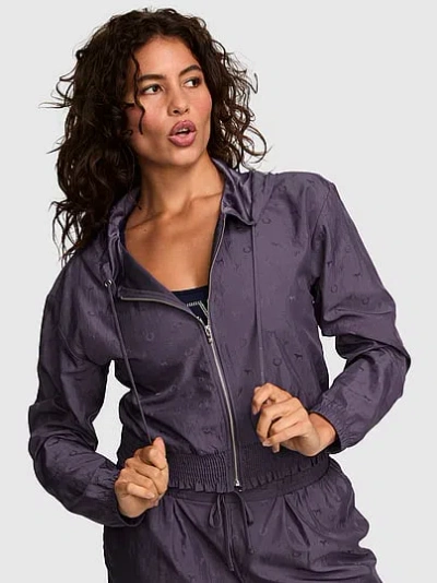 Pink Logo Jacquard Smocked Hooded Jacket In Blue