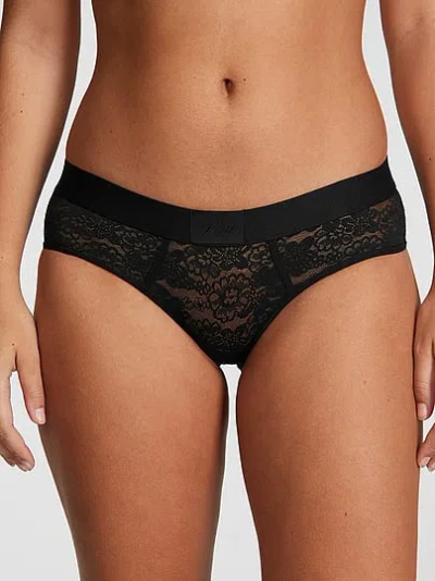 Pink Logo Lace Hiphugger Panty In Black
