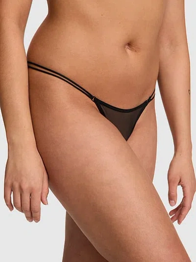 Pink Logo Mesh Strappy Micro Thong Panty In Black