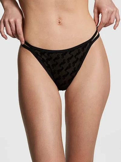 Pink Logo Mesh Strappy Thong Panty In Black