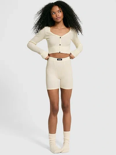 Pink Lounge Ribbed Cropped Cardigangan & Shorts Set In White