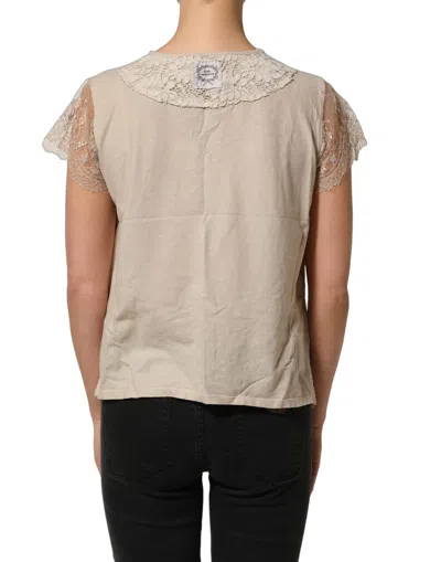 Pink Memories Beige Cotton Lace Detailing Round Neck Top In Neutral