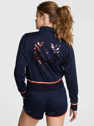 Pink Mesh Cropped Mock-neck Full-zip Jacket In Blue