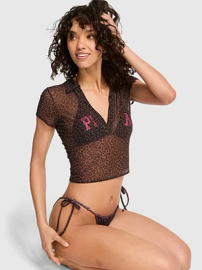 Pink Mesh Plunge Cropped Top In Multi