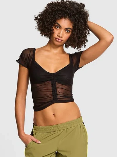 Pink Mesh Ruched Cap-sleeve Cropped Top In Black