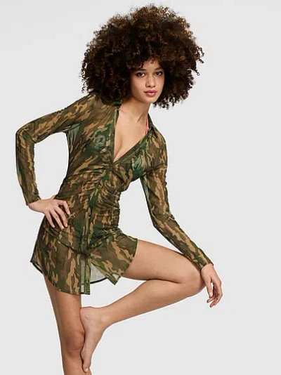 Pink Mesh Ruched Long-sleeve Shirt Dress In Animal Print