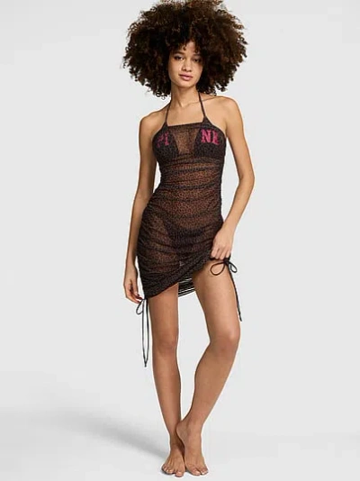 Pink Mesh Ruched Midi Dress In Animal Print