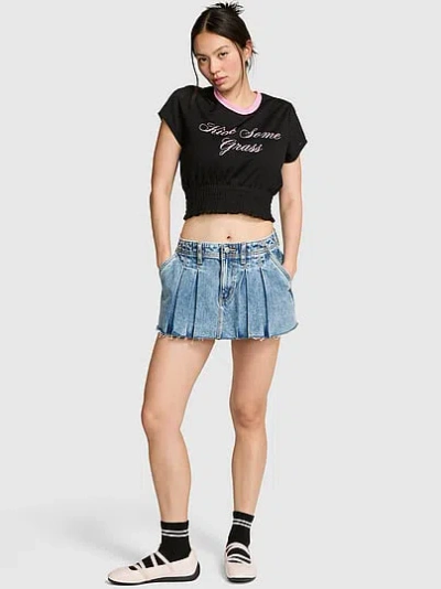 Pink Mesh Smocked-hem Tee In Black