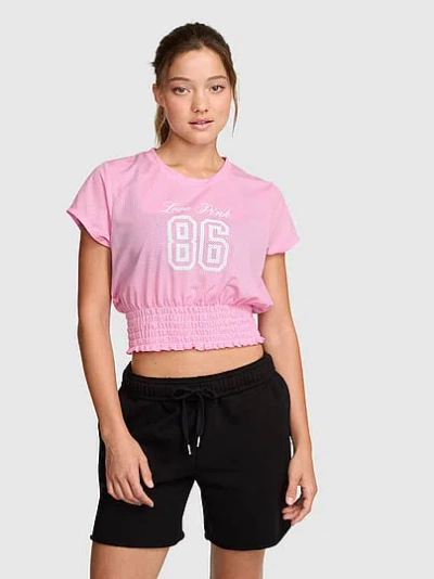 Pink Mesh Smocked-hem Tee In