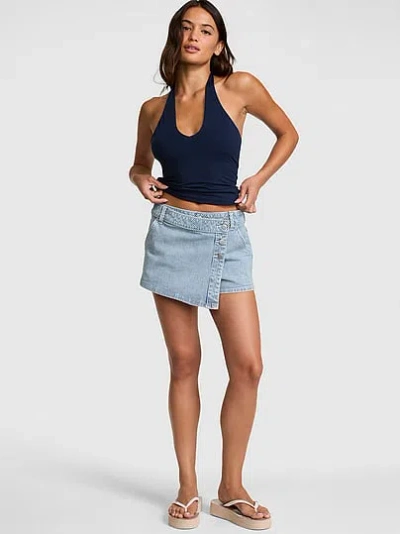 Pink Mini Jean Wrap Skort In Blue