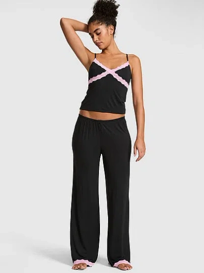 Pink Modal Lace-trim Cami & Pants Pajama Set In Black