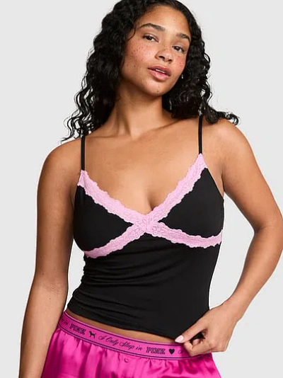Pink Modal Lace-trim Cami In Black