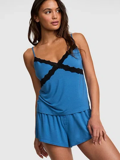 Pink Modal Lace-trim Cami In Blue
