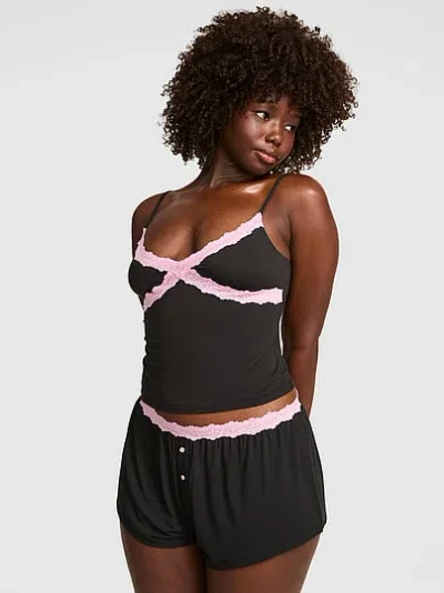 Pink Modal Lace-trim Micro Shorts In Black