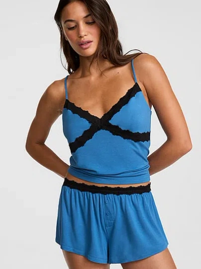 Pink Modal Lace-trim Micro Shorts In Blue