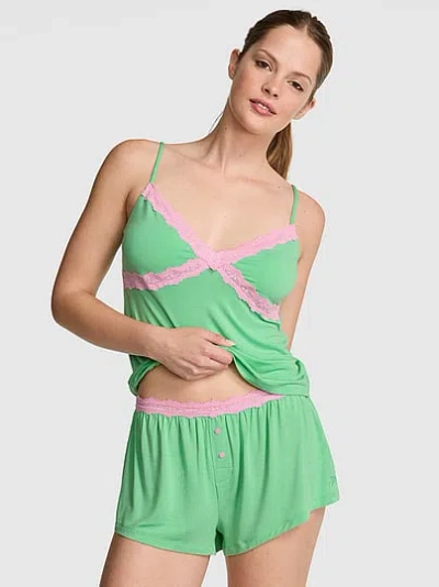 Pink Modal Lace-trim Micro Shorts In Green