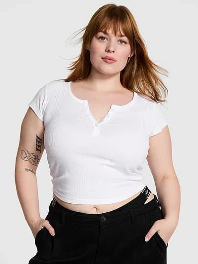 Pink Multi Rib Henley Tee In White,ivory