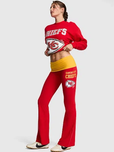 Pink Nfl Collection All-day Cotton™ Bling Foldover Flare Leggings In Red