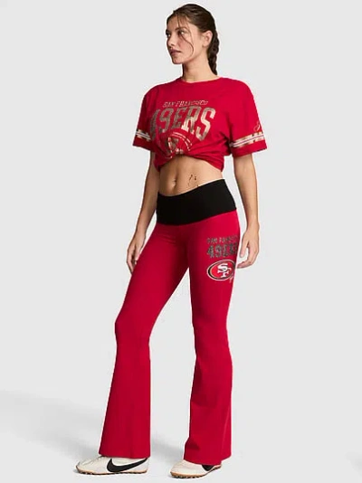 Pink Nfl Collection All-day Cotton™ Bling Foldover Flare Leggings In Red