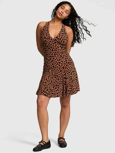 Pink Night-out Stretchy Knit Halter Dress In Brown