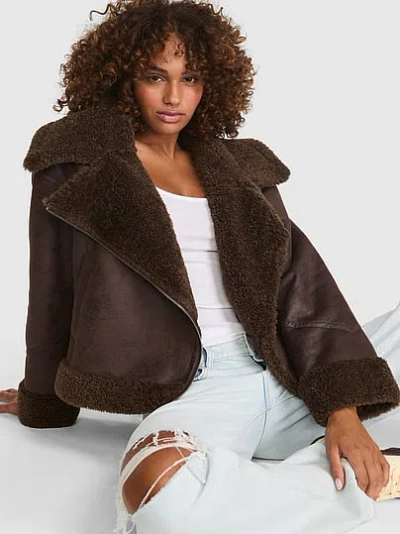 Pink Oversized Cropped Shearling Moto Jacket In Brown