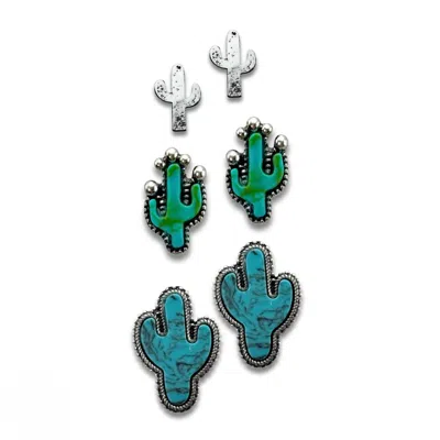 Pink Panache Women's Cactus Three Pairs Earring Set In Turquoise Silver In Multi