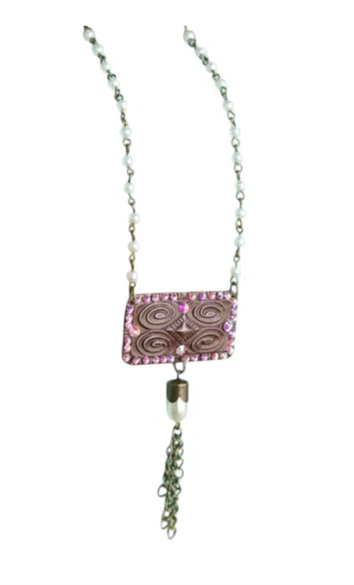 Pink Panache Women's Pearl Chain Linked With Aztec Stamped Pendant Necklace In Multi In Green