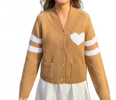 Pink Pineapple Varsity Chunky Heart Cardigan In Brown/white In Multi