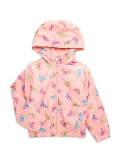 Pink Platinum Babies' Little Girl's Butterfly Print Hooded Windbreaker In Coral Multi