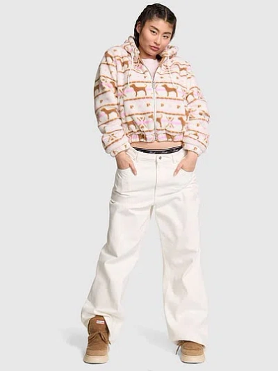 Pink Plush Teddy Hooded Bomber Jacket In Animal Print