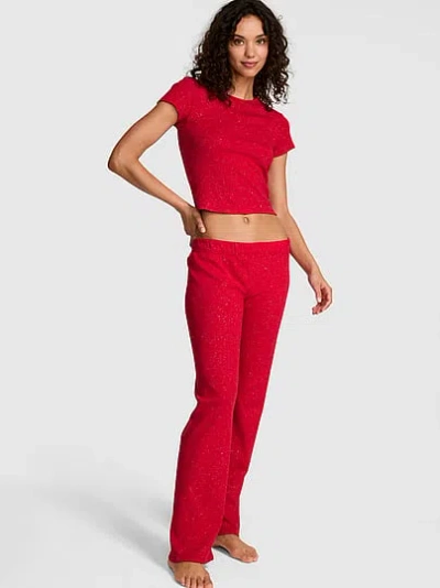 Pink Pointelle Tee & Pajama Pant Set In Red