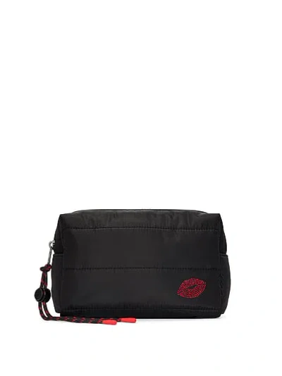Pink Quilted Puffer Makeup Bag In Black