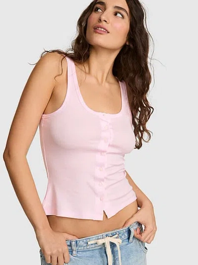 Pink Relaxed Rib Button-down Tank Top In Multi