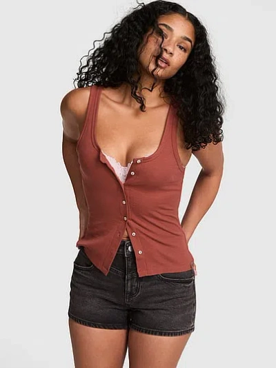 Pink Relaxed Rib Button-down Tank Top In Multi