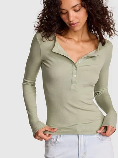 Pink Relaxed Rib Long-sleeve Henley Tee In Green