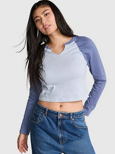 Pink Retro Long-sleeve Cotton Tee In Blue