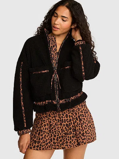 Pink Reversible Cozy Plush Nylon Bomber Jacket In Black