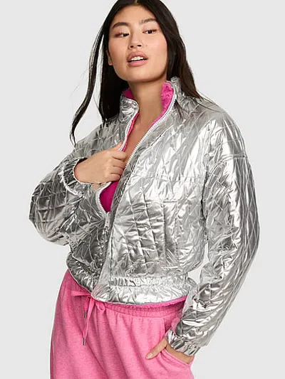 Pink Reversible Cozy Plush Nylon Bomber Jacket In