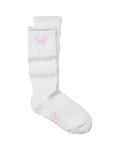 Pink Ribbed Slouch Socks In White
