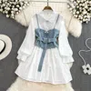 Pink Ripple Women's Denim Camisole Vest Shirt Dress In White/denim