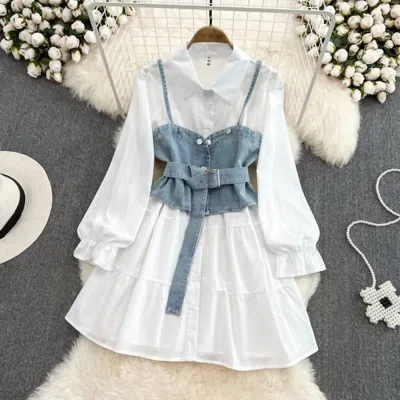 Pink Ripple Women's Denim Camisole Vest Shirt Dress In White/denim In Multi